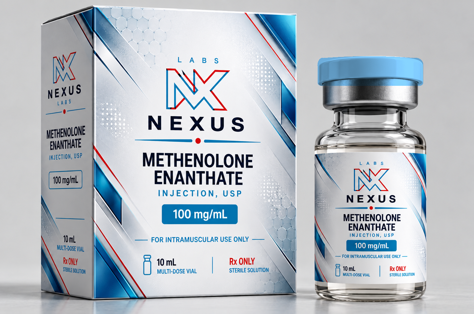Methenolone Enanthate 100 mg/mL box and 10 mL multi-dose vial with a light blue cap